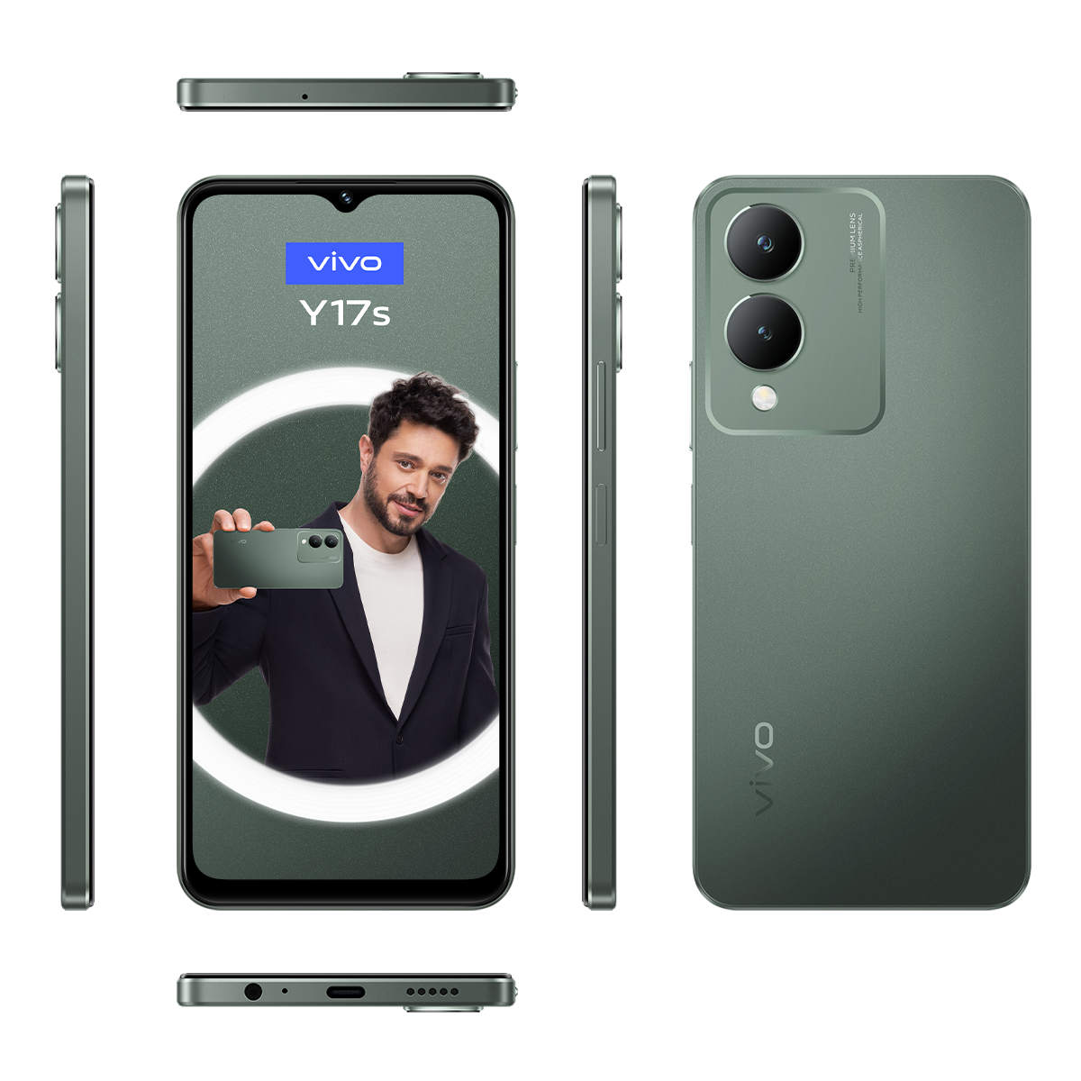 Yeşil Vivo Y17s telefon. Adam, görüntüyü gösteren telefonu tutuyor. Telefon dört taraftan gösteriliyor.