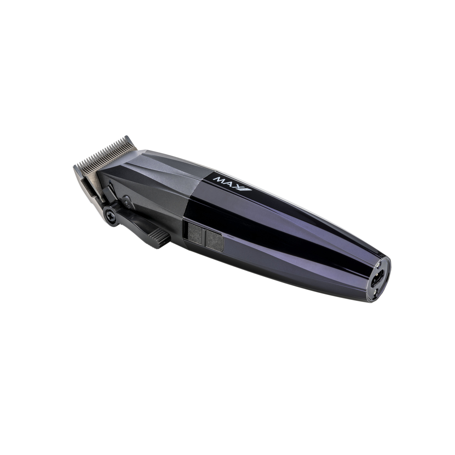 A black and gray hair clipper, angled to the right. Has a blade and power switch.