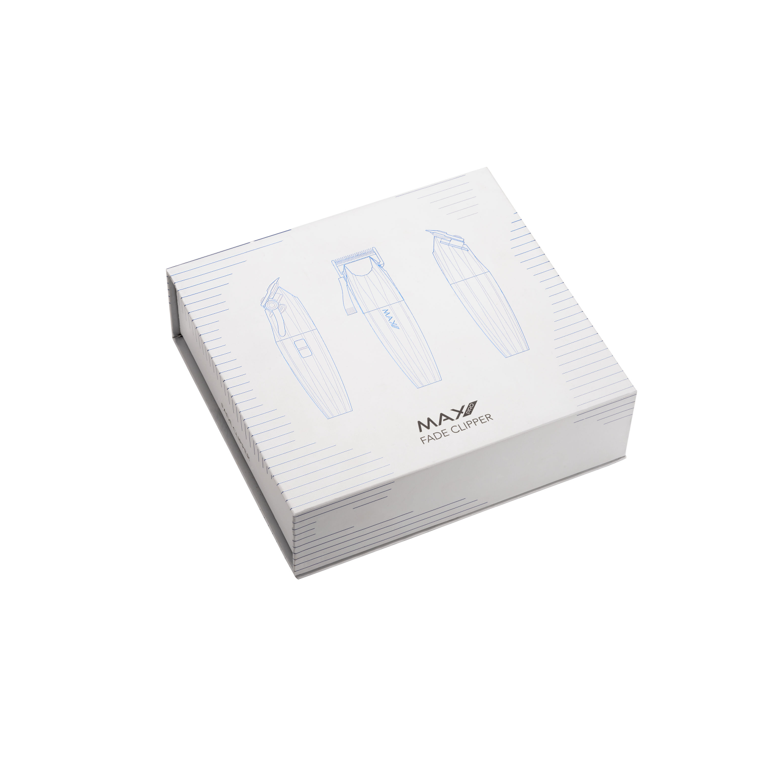 White box with blue outlines of clippers. Text says 'MAX Fade Clipper'.
