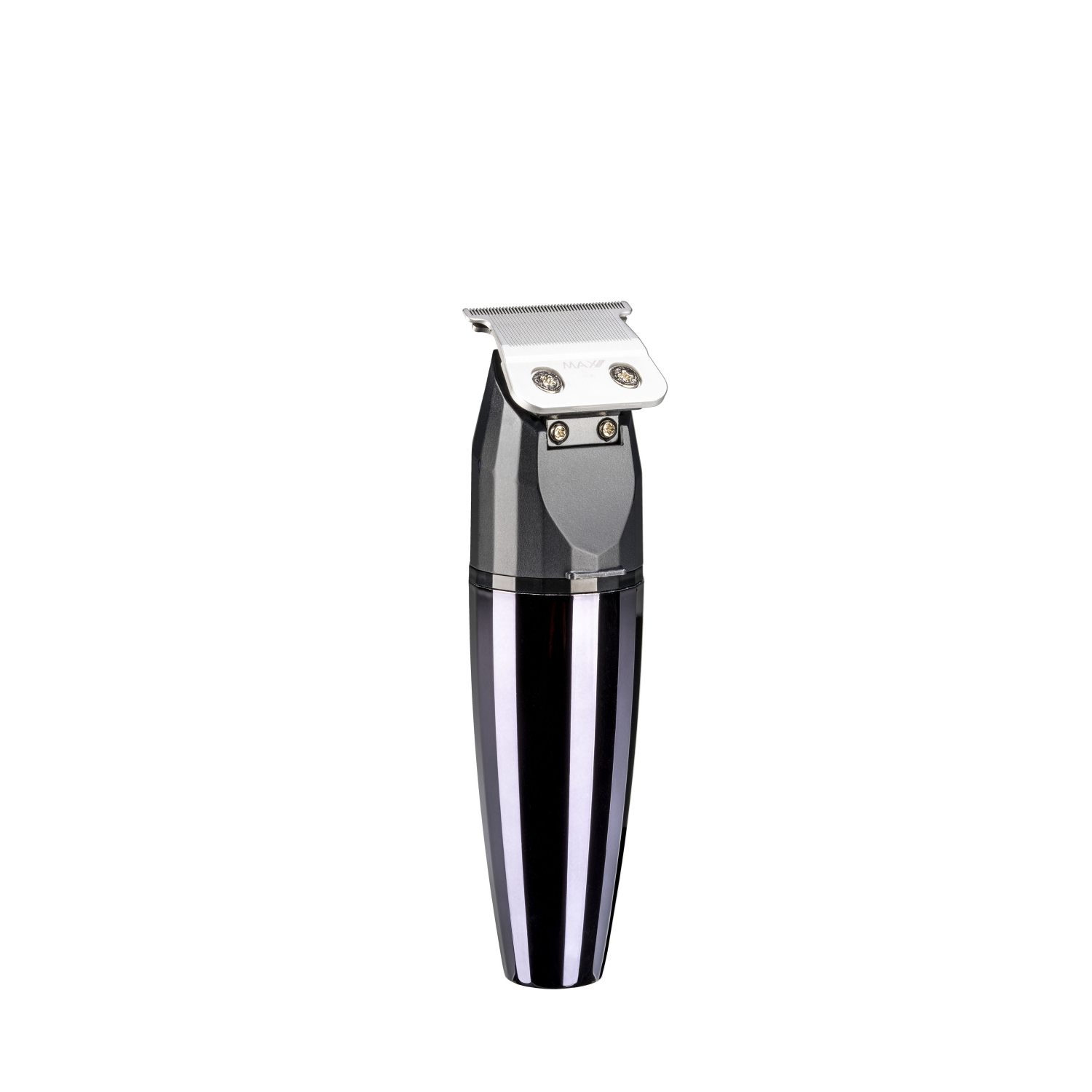 A silver and black hair trimmer. The trimmer is standing and has a blade at the top.