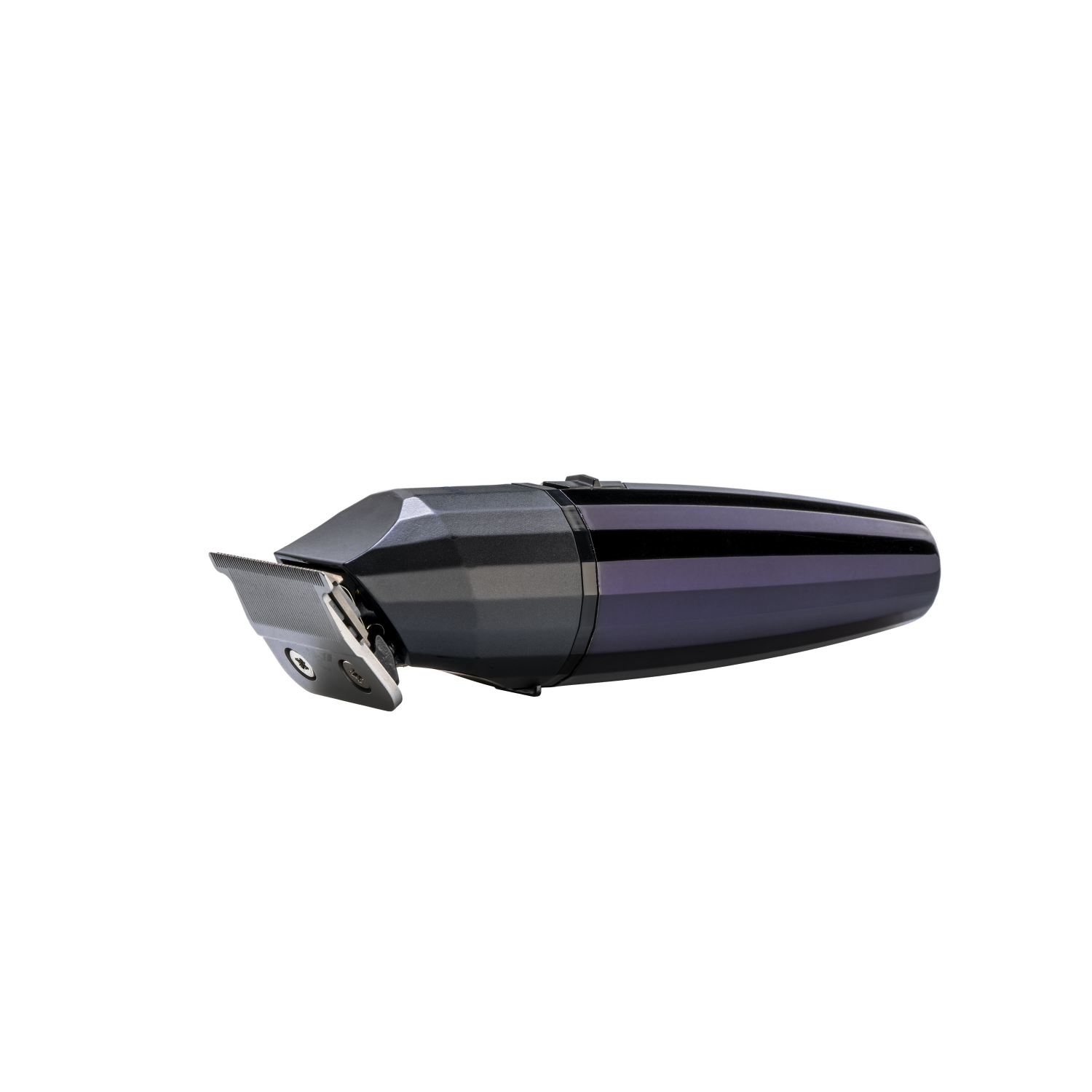 Black hair clipper with a silver blade. The clipper is laying on a white surface.