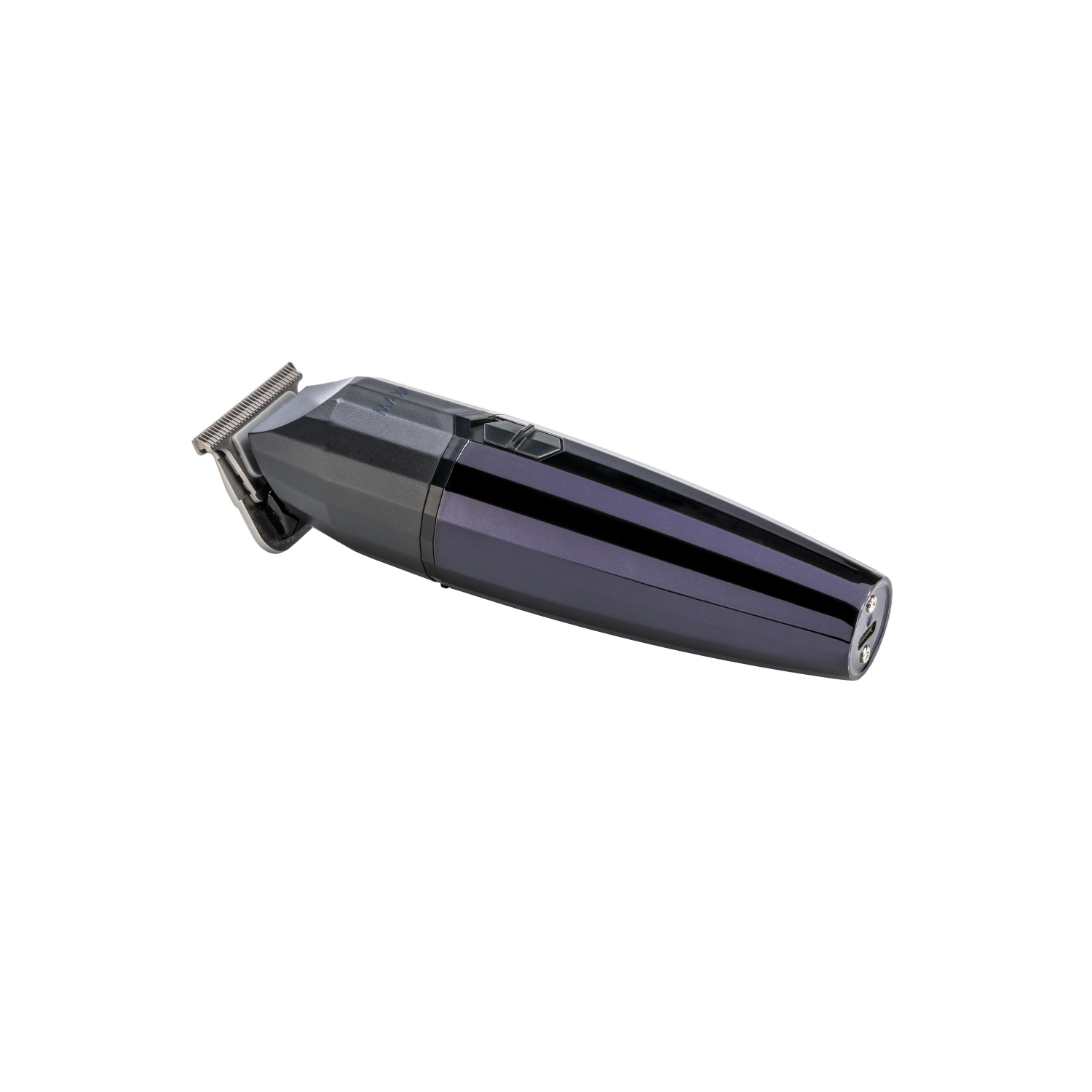 A black and grey electric hair trimmer on a white background, angled to the right.