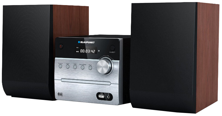 Czarny system stereo Blaupunkt z dwoma drewnianymi głośnikami. Srebrny panel sterowania.