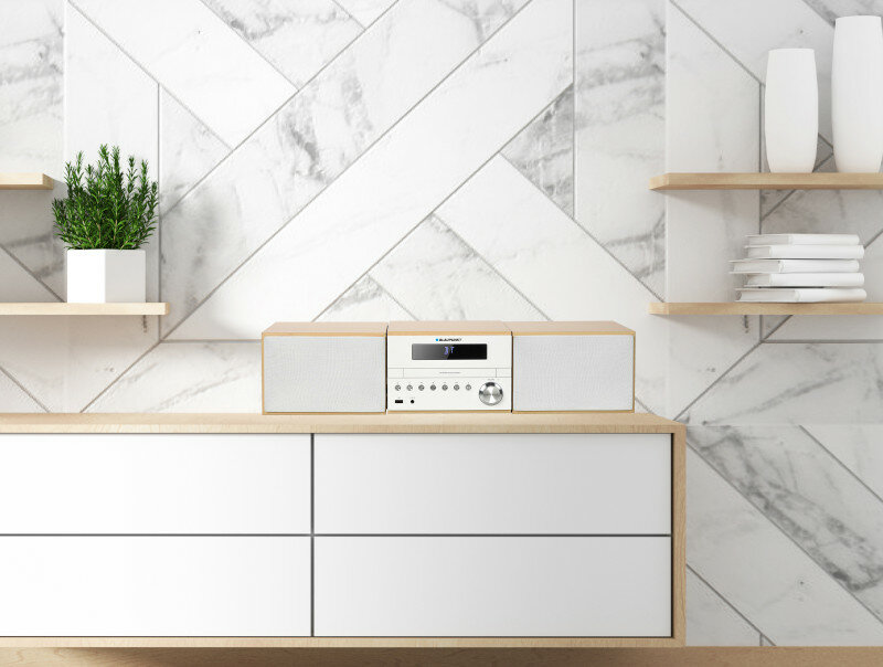 Biały i drewniany system audio na białej szafce, z rośliną i elementami dekoracyjnymi.