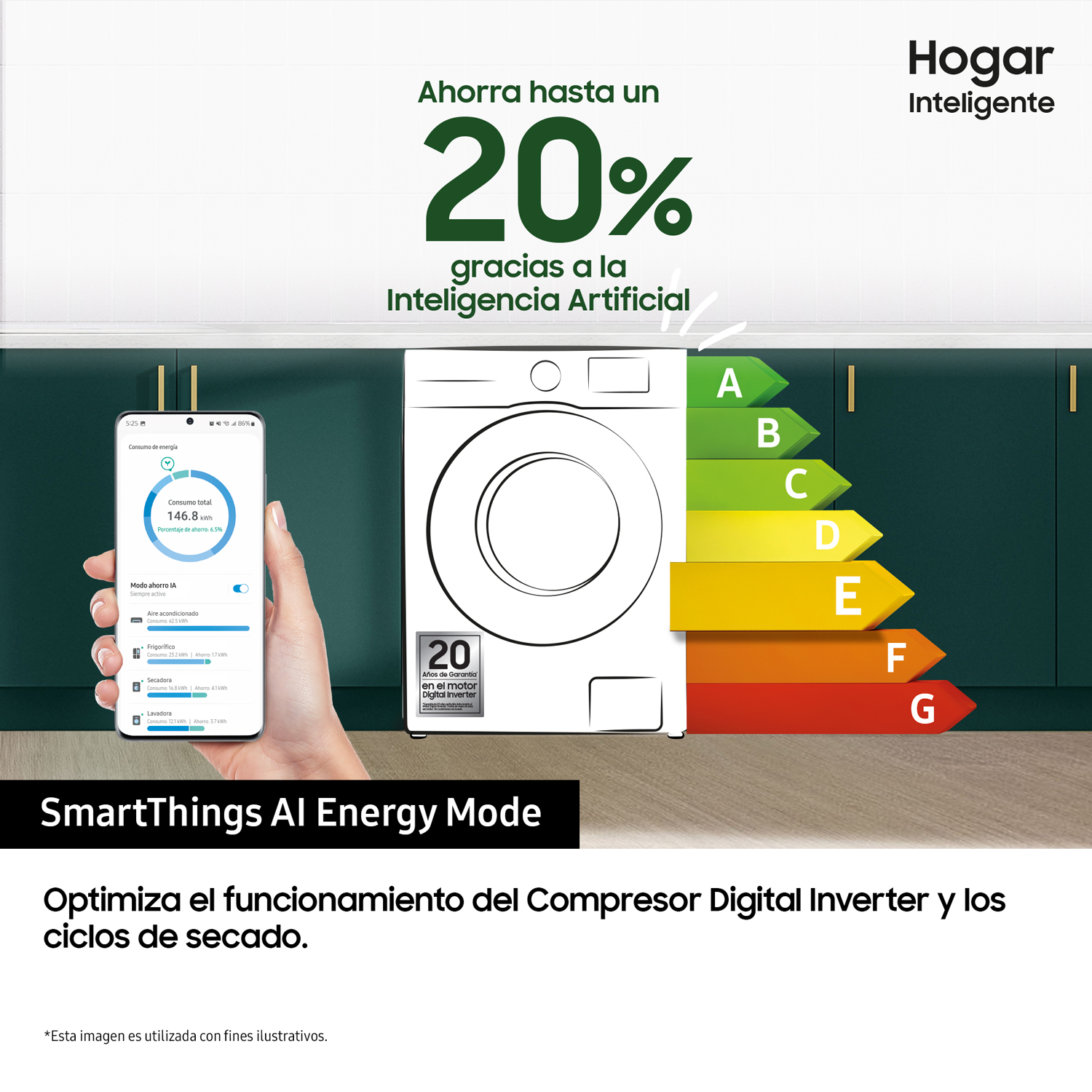 Anuncio de lavadora con mano sosteniendo smartphone, mostrando ahorro energético con SmartThings AI.