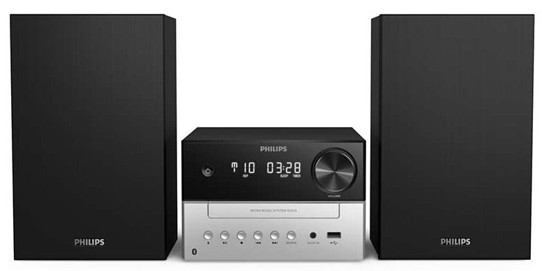 Czarny system stereo Philips. Dwa głośniki, jednostka centralna z wyświetlaczem i przyciskami.
