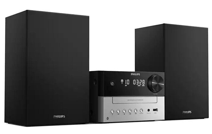 Czarny i srebrny system micro hi-fi Philips z głośnikami.