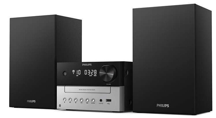 Czarny system stereo Philips. Dwa czarne głośniki po bokach. Środek: wyświetlacz i przyciski.
