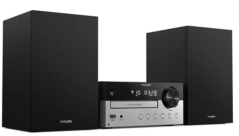 Czarny system muzyczny Philips z dwoma głośnikami i jednostką centralną.