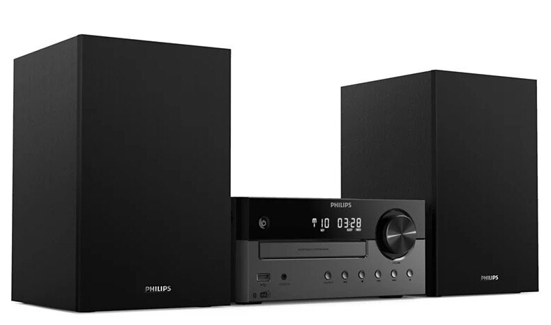 Czarny zestaw stereo z głośnikami po obu stronach i jednostką centralną z wyświetlaczem.