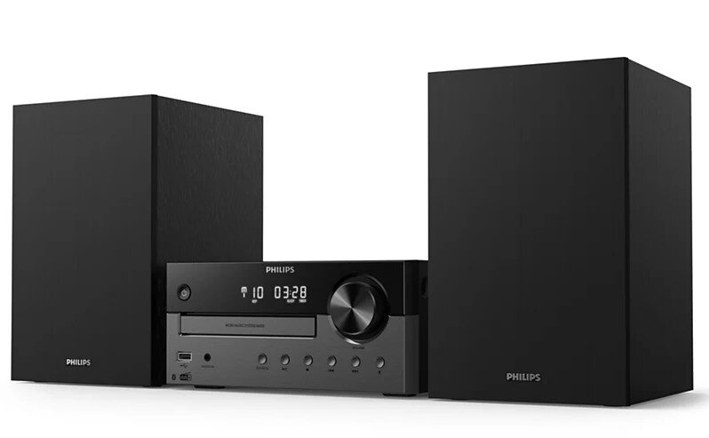 Czarny system audio Philips z dwoma głośnikami, odtwarzaczem CD i panelem sterowania.