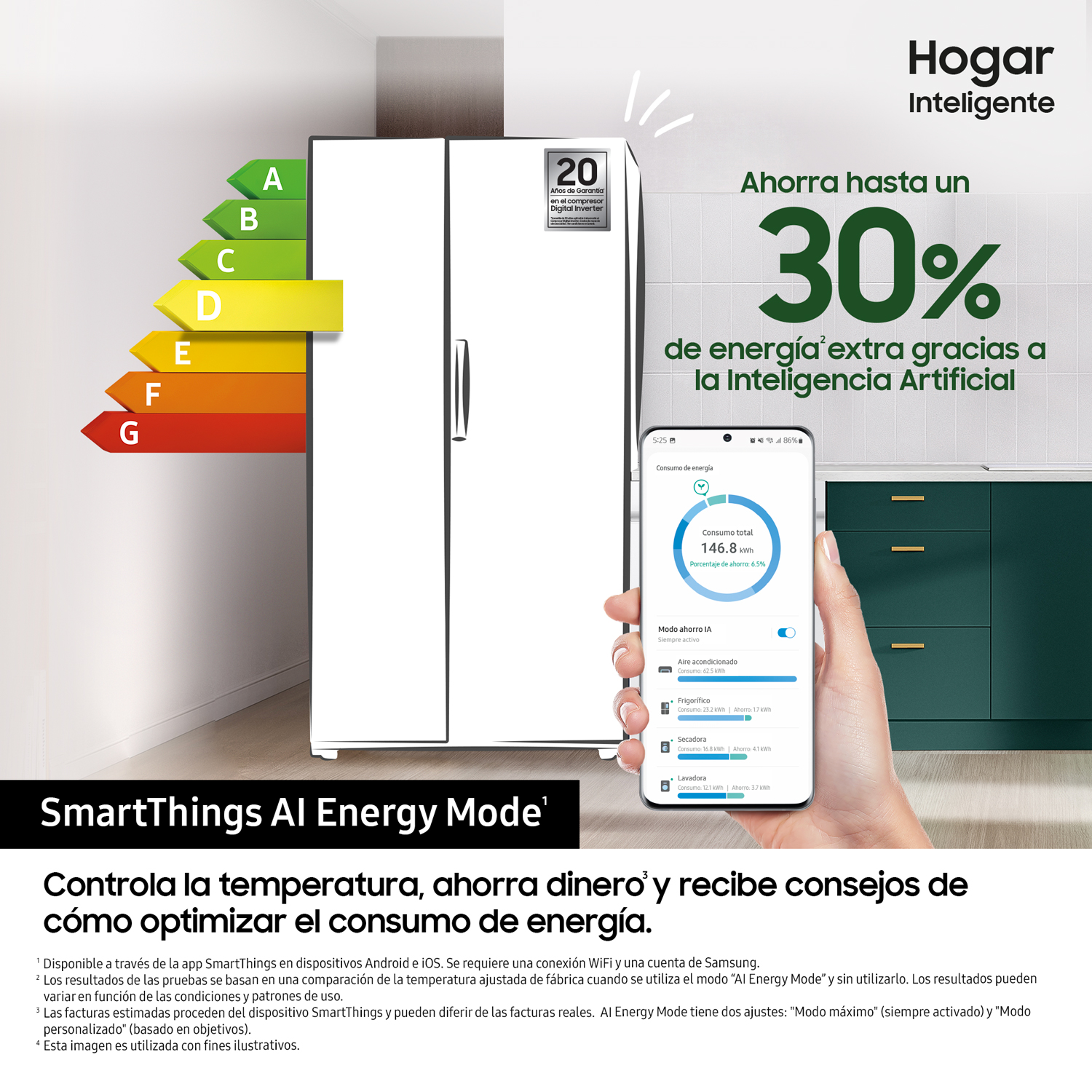 Refrigerador con etiqueta de eficiencia energética y smartphone mostrando consumo.