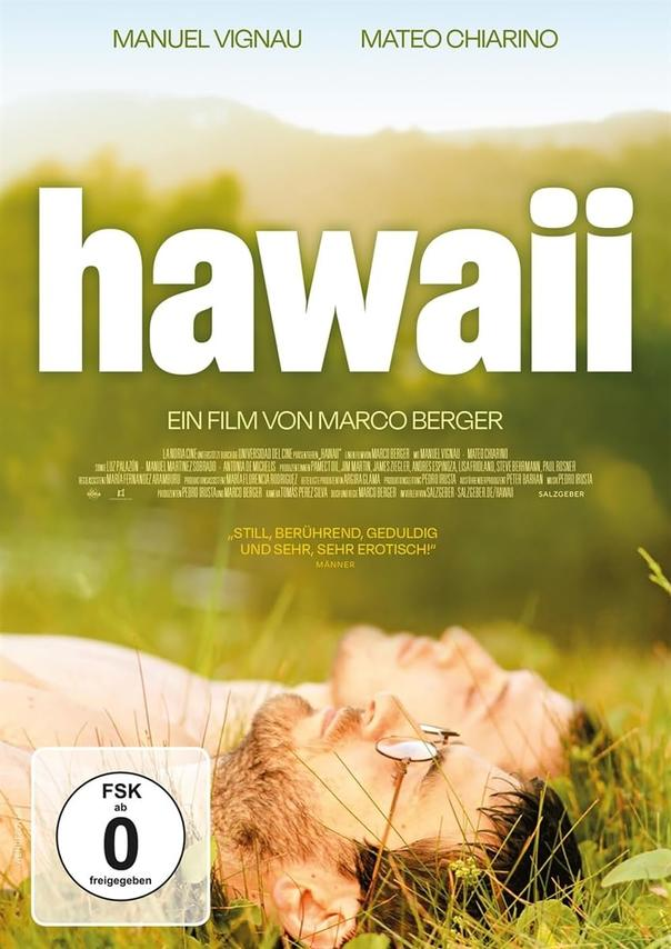 Filmplakat von Hawaii. Zwei Männer liegen im Gras. Grüner Feldhintergrund.