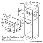 Ein Diagramm, das die Abmessungen eines Einbauofens und eines Schranks mit Maßen in Millimetern zeigt.