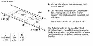 Diagramm mit Maßen für ein eingebautes Kochfeld. Deutscher Text, zeigt Abmessungen und Ausschnittsgrößen.