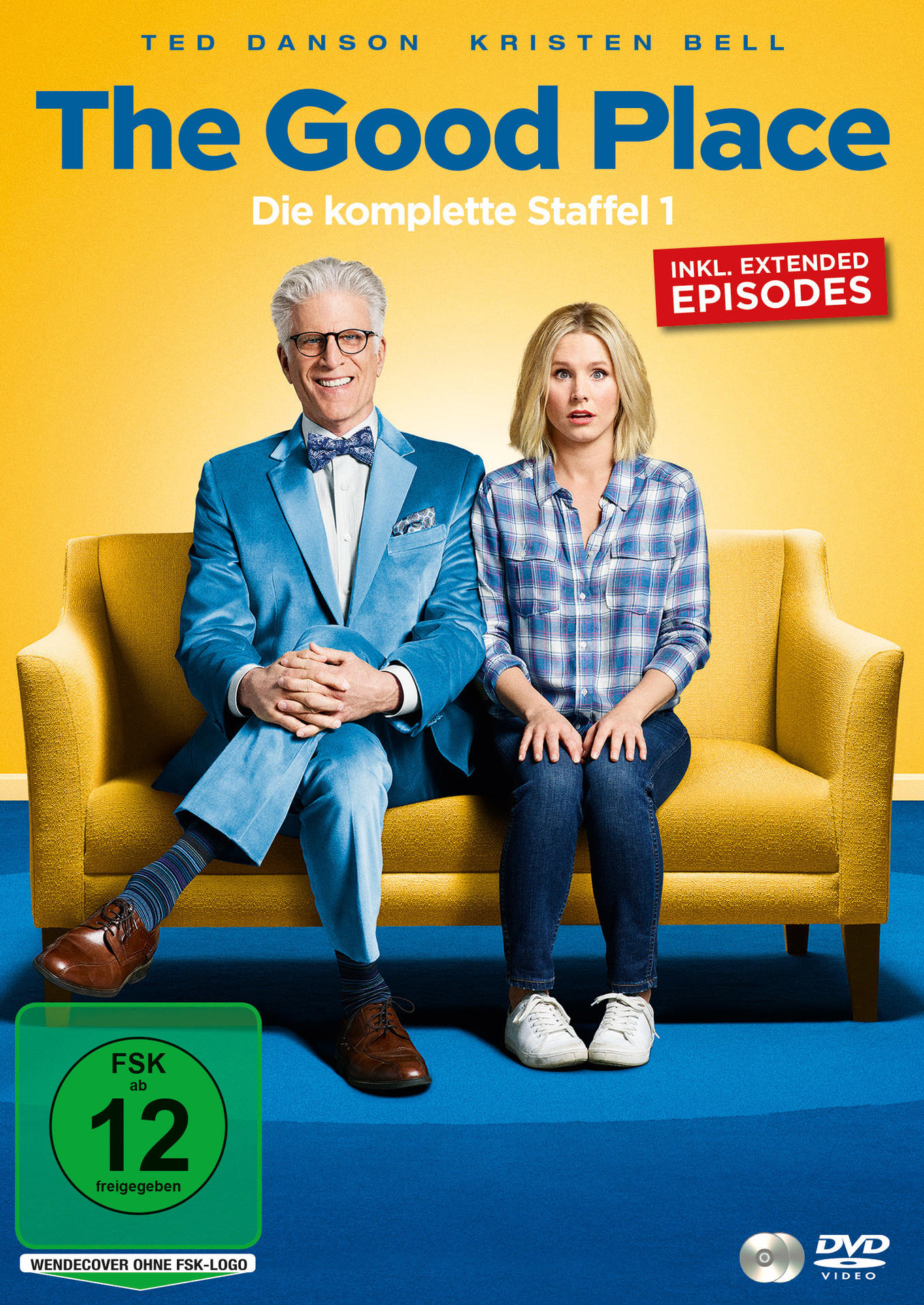 DVD-Cover von The Good Place mit Ted Danson und Kristen Bell auf einer gelben Couch.