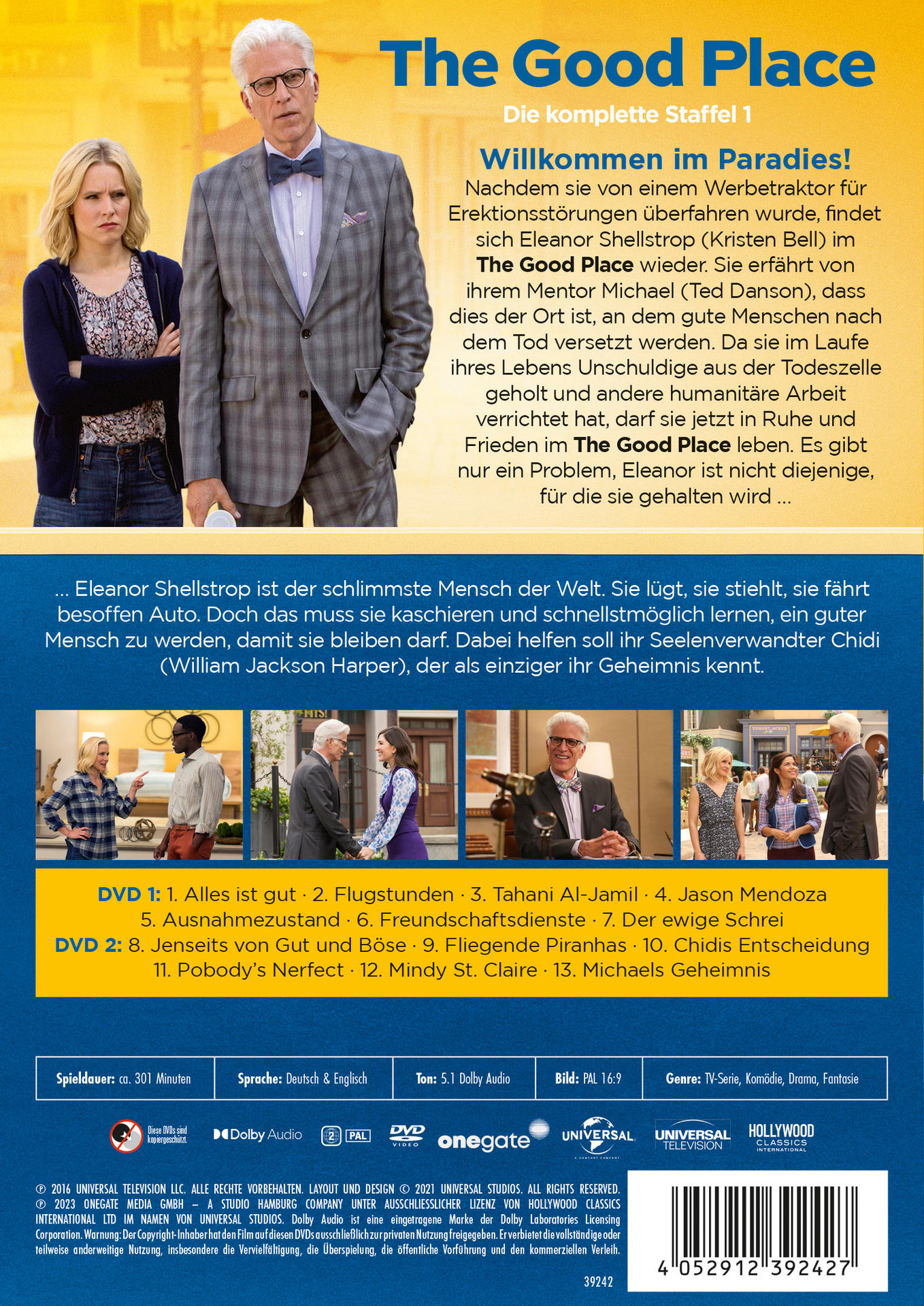 The Good Place Staffel 1 DVD-Hülle. Foto der Besetzung, Show-Logo und Text auf Deutsch.