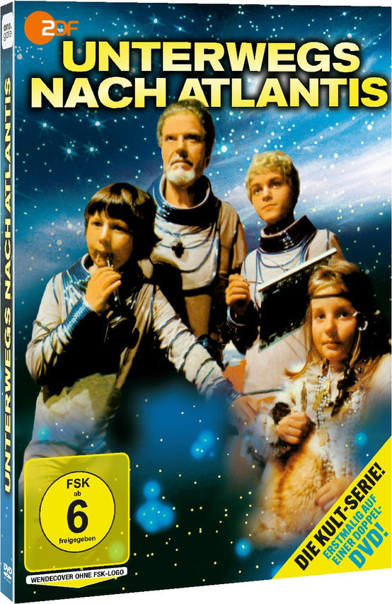 DVD-Cover mit vier Personen in Raumanzügen, Titel: Unterwegs Nach Atlantis, deutscher Text.