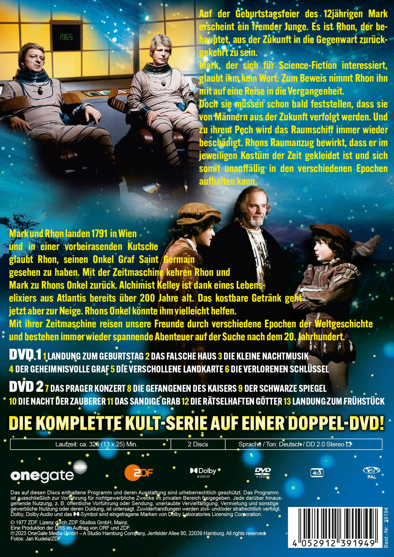 Die Rückseite einer DVD-Hülle mit Bildern von Personen in einer Science-Fiction-Umgebung.
