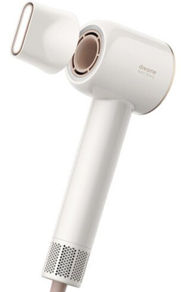 Biała i złota suszarka do włosów z odłączoną nasadką. Czysty, jasny wygląd.