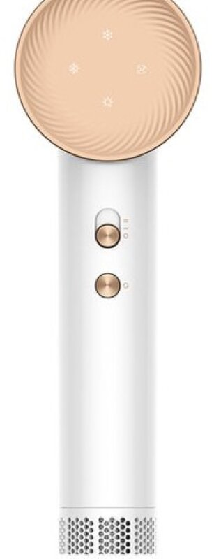 Biała suszarka do włosów ze złotą obwódką na górze. Na uchwycie znajdują się dwa przyciski i przełącznik.