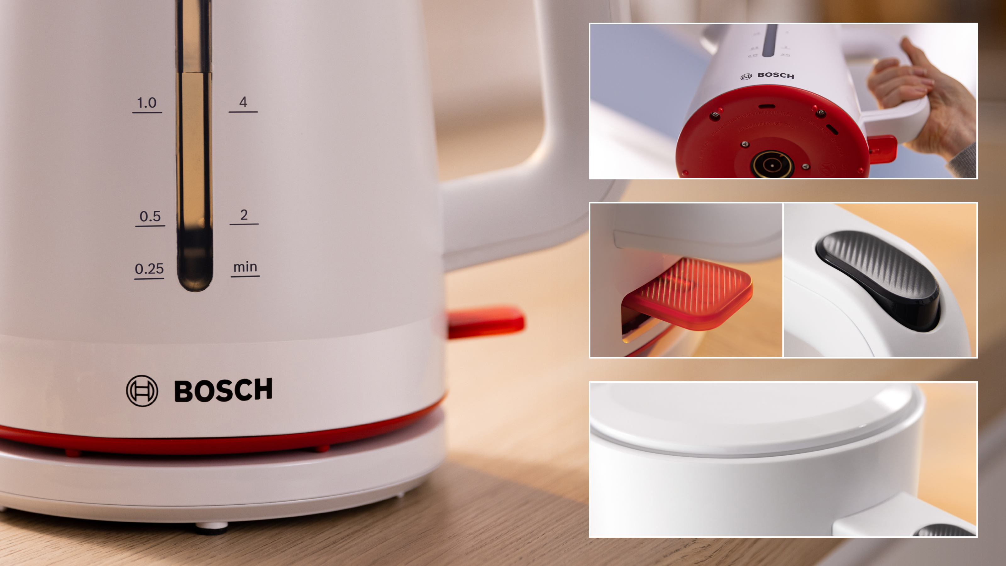 Nahaufnahme eines weißen Wasserkochers mit roten Akzenten, mit Detailaufnahmen.