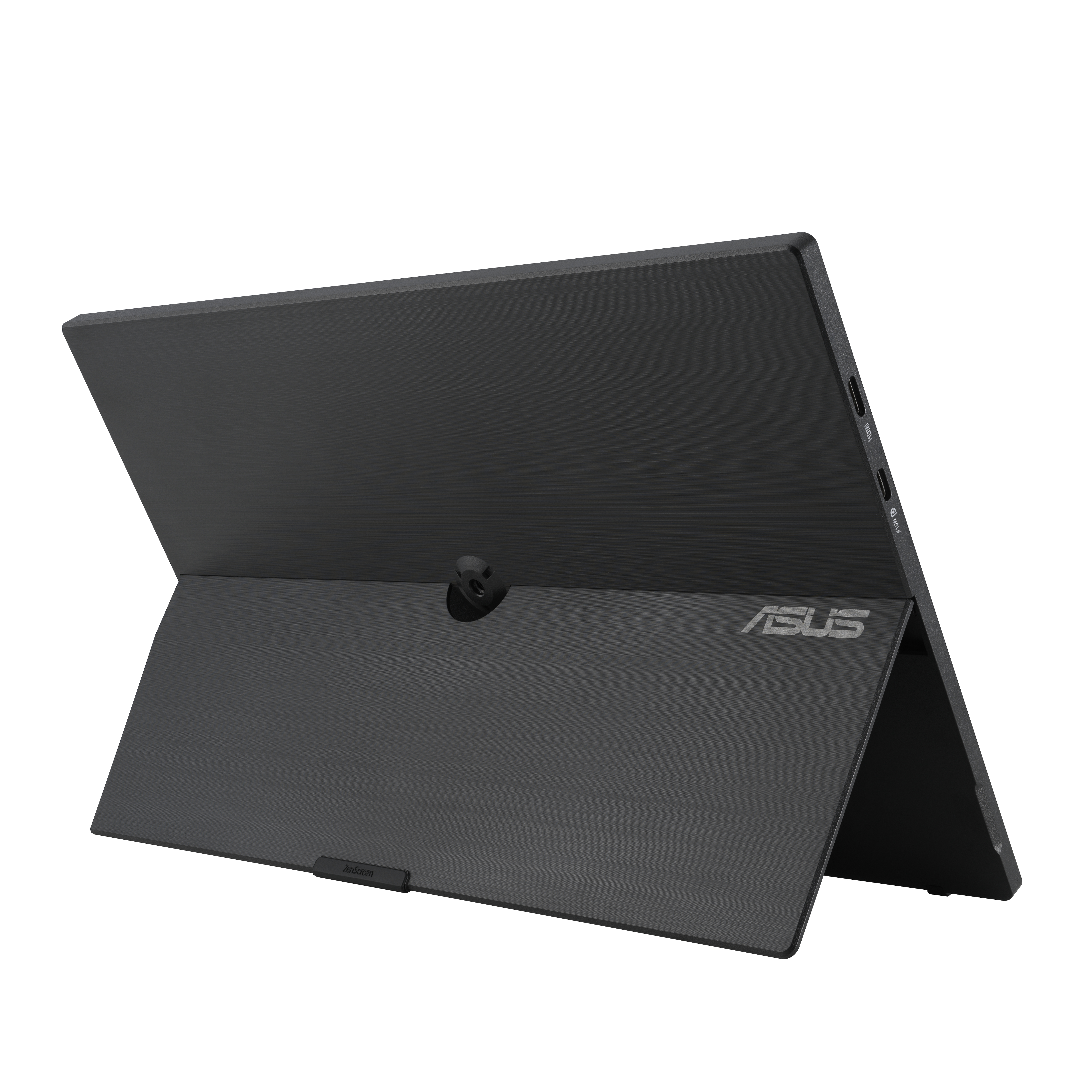 Een zwarte tablet met een standaard, schuin op een witte achtergrond.