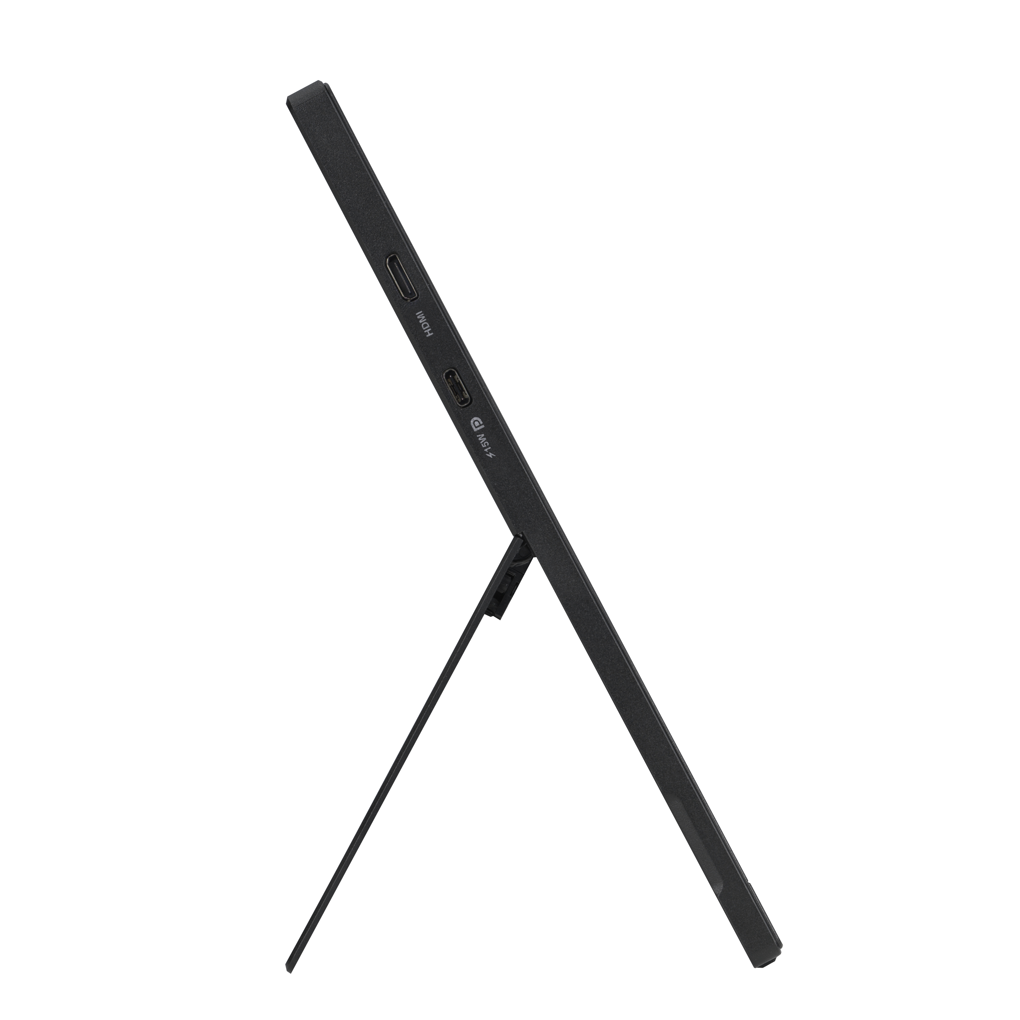 Zwarte tablet met een standaard, de zijkant met poorten tonend.