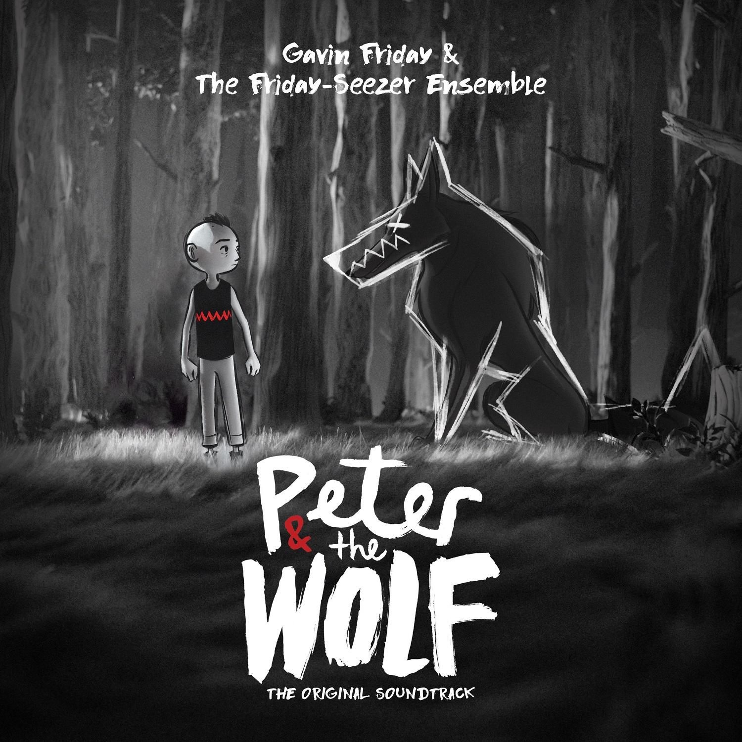 Ein Junge und ein Wolf stehen sich in einem Wald gegenüber. Peter & der Wolf.