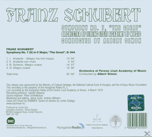 Egy CD borítójának hátoldala szöveggel. Franz Schubert szimfóniájához.