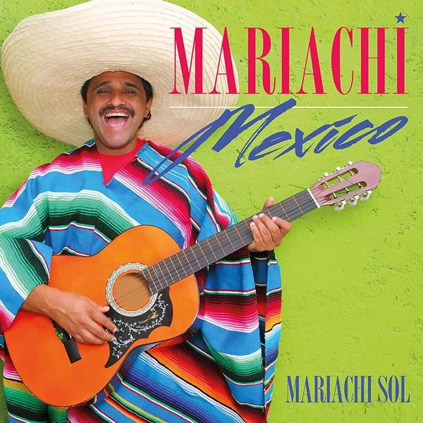 Mariachi-Musiker im Sombrero spielt Gitarre. Grüner Hintergrund, rotes, blaues und weißes Poncho.