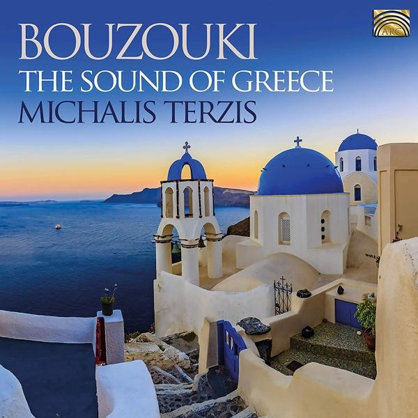Albumcover Bouzouki The Sound of Greece. Weiße Gebäude mit blauen Kuppeln, blauer Meereshintergrund.