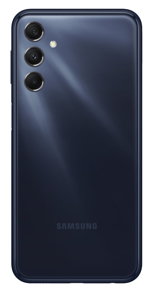 Tył granatowego smartfona Samsung z potrójnym aparatem i logo Samsung.
