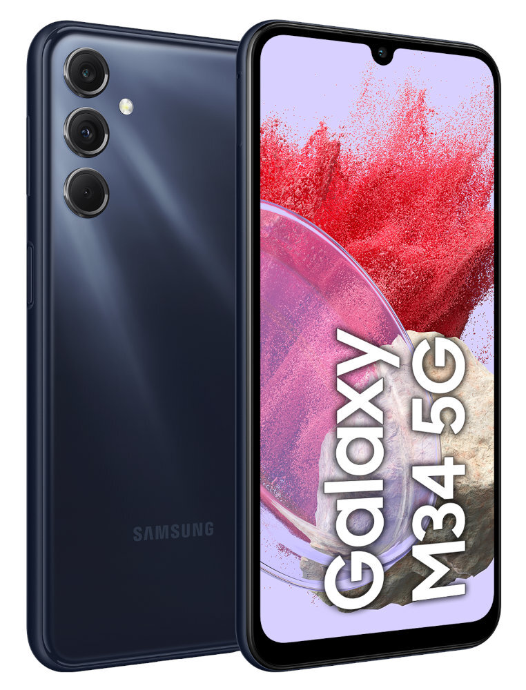 Niebieski telefon Samsung Galaxy M34 5G, widok z tyłu i z przodu, pod kątem, z wyświetlaczem pokazującym czerwono-białą grafikę.