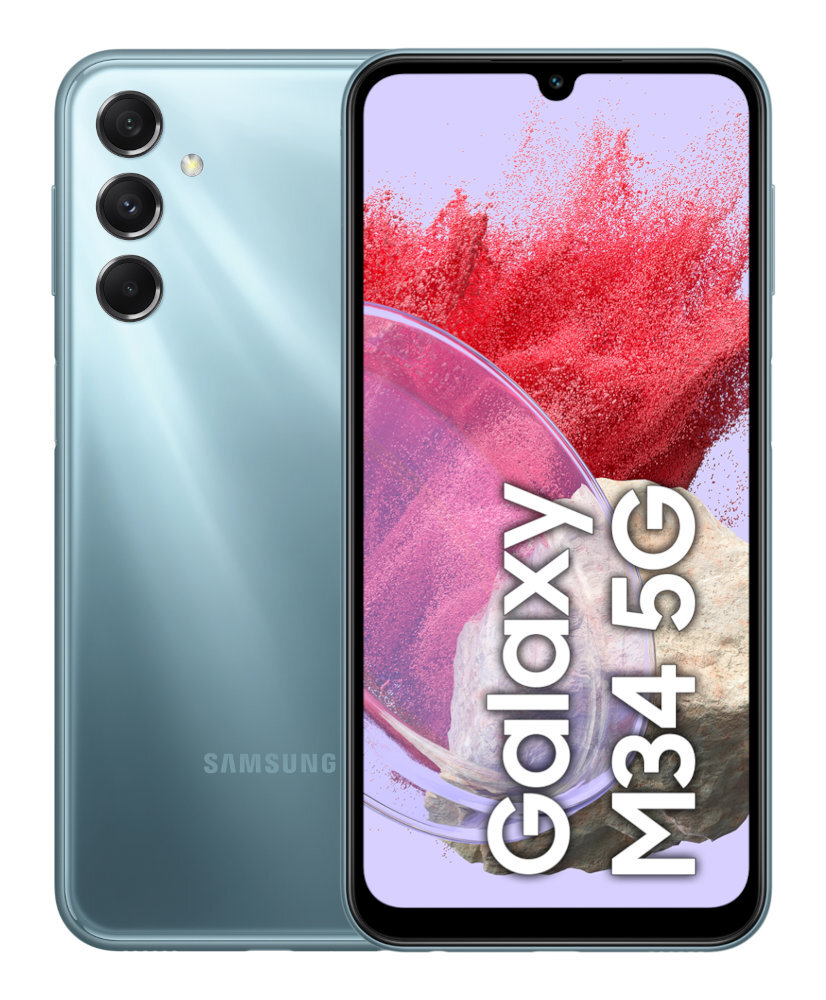 Niebieski telefon Samsung z trzema aparatami i ekranem.