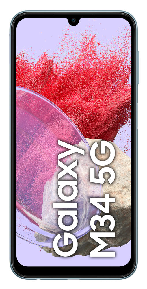 Smartfon wyświetla kolorowe, abstrakcyjne tło z napisem 'Galaxy M34 5G' dużymi, białymi literami.