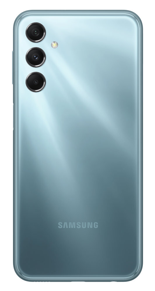 Widok z tyłu jasnoniebieskiego smartfona z trzema tylnymi aparatami. Widoczne logo Samsung.