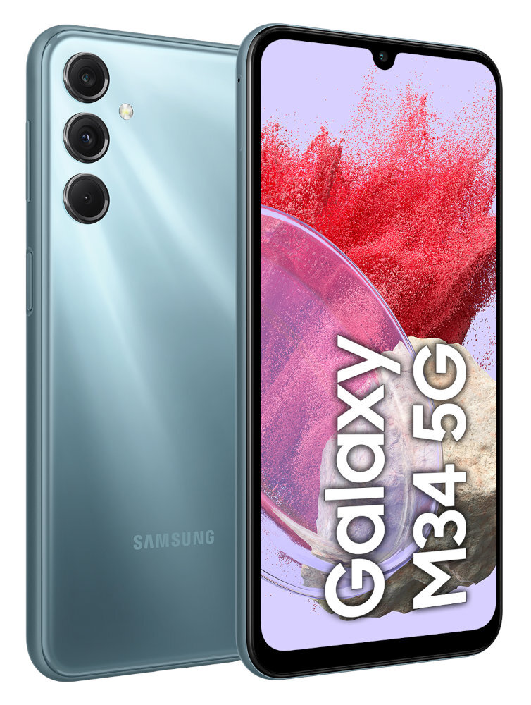 Jasnoniebieski telefon z trzema aparatami z tyłu i ekranem z tekstem.