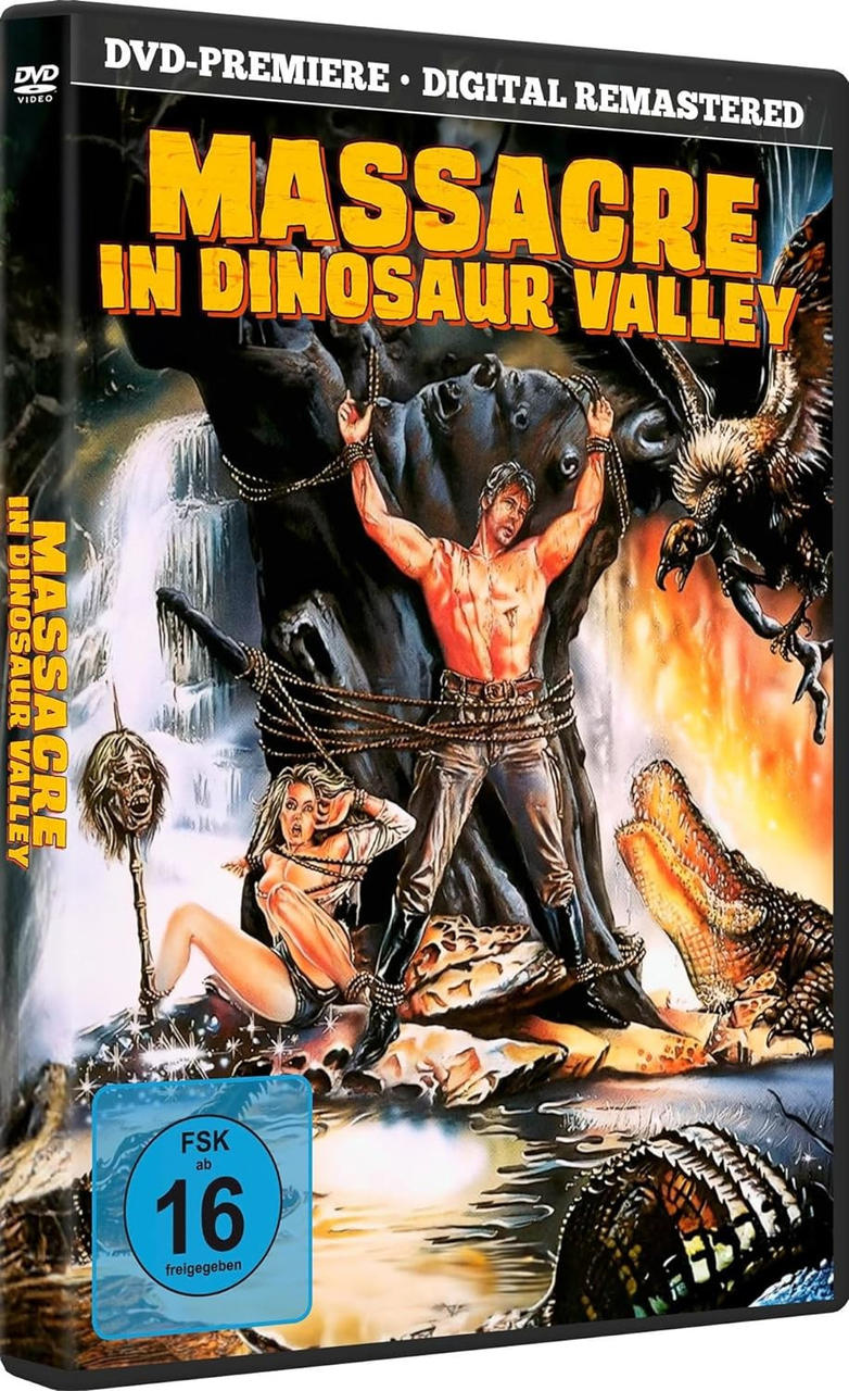 DVD-Cover von 'Massacre in Dinosaur Valley' mit einem an einen Baum gefesselten Mann.