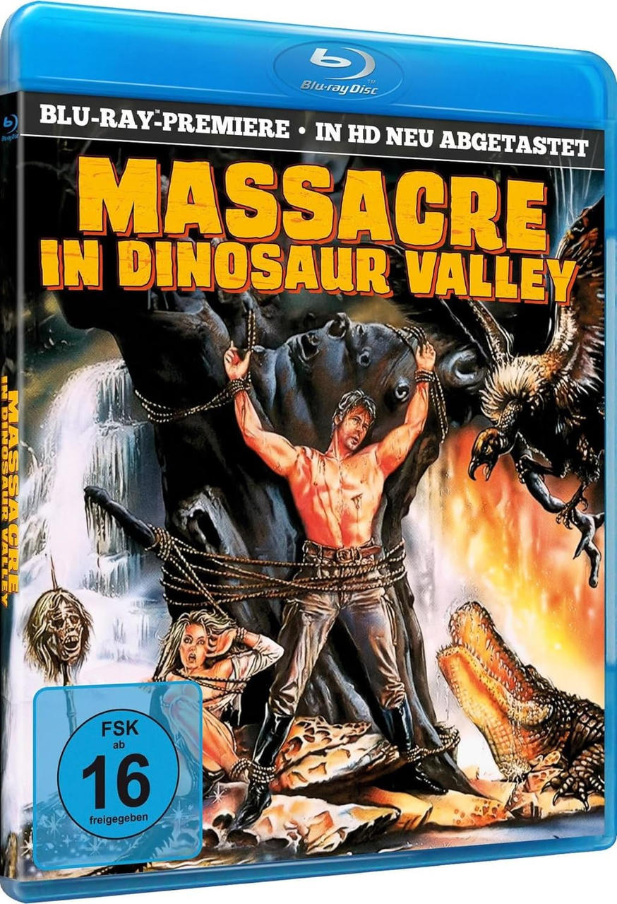Ein DVD-Cover des Films Massacre in Dinosaur Valley, mit einem gefesselten Mann und einem Dinosaurier.