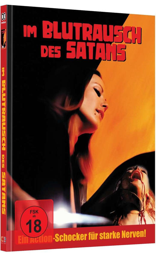 DVD-Cover eines Films mit dem Titel 'Im Blutrausch Des Satans', mit dem Gesicht einer Frau in einer rot-orangen Szene.