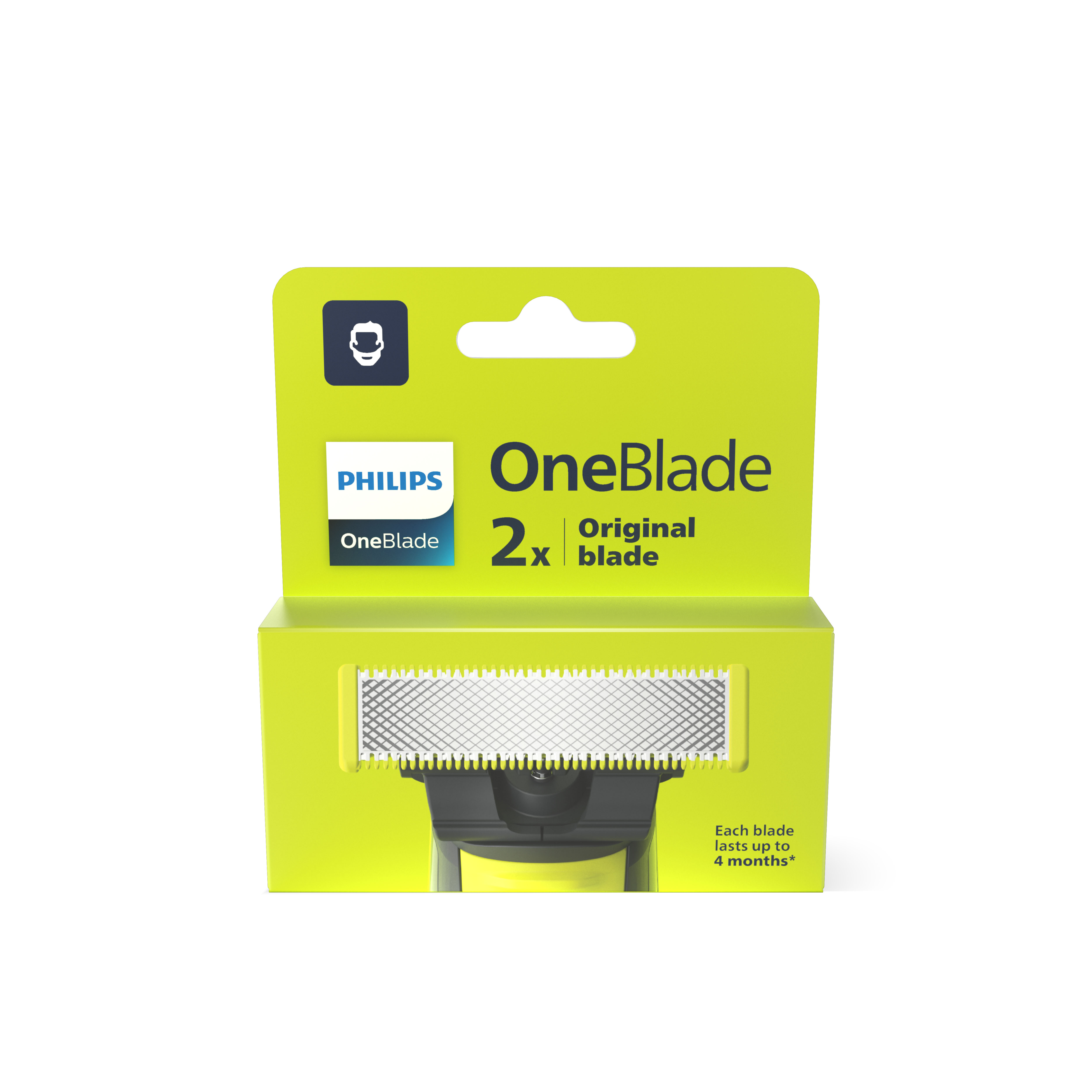 Sarı ve yeşil Philips OneBlade bıçak paketi. İki bıçak, metin ve logo. Beyaz zemin.