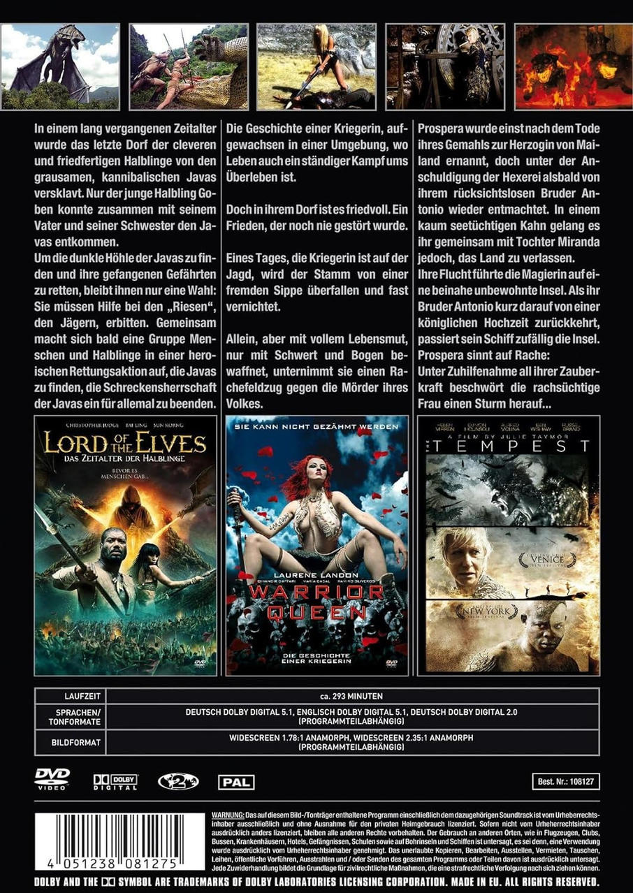 Filmposter von Lord of the Elves, Warrior Queen und Tempest. Text in Fremdsprache, DVD-Logo und Produktinformationen.
