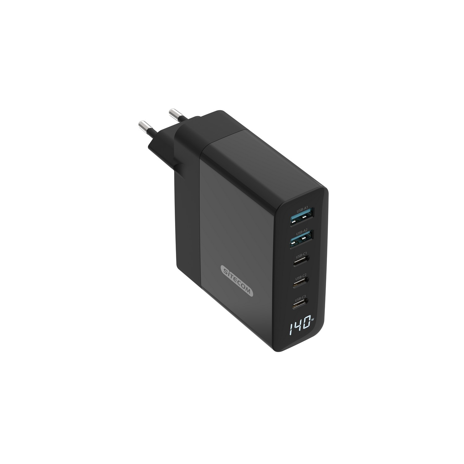 Een zwarte voedingsadapter met meerdere USB-poorten en een digitaal display met 140.