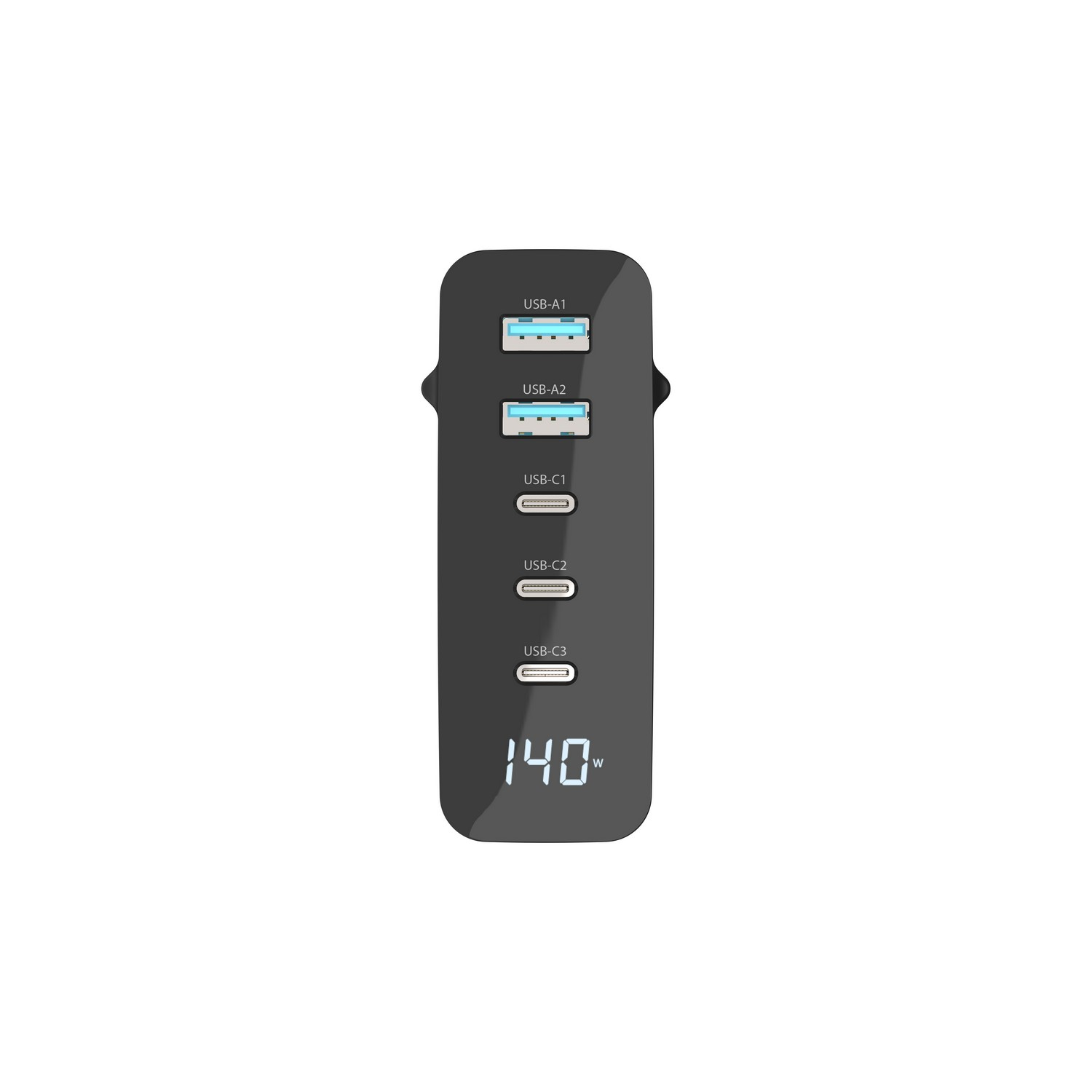 Zwarte USB-oplaadhub met meerdere USB-poorten en digitaal display (140W).