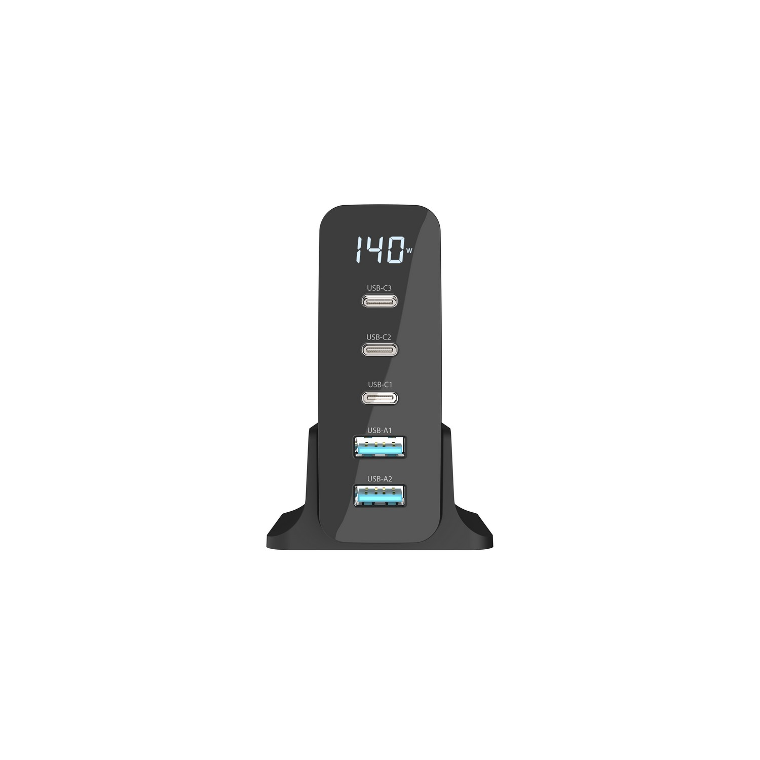 Een zwart oplaadstation met verschillende USB-poorten en een display.