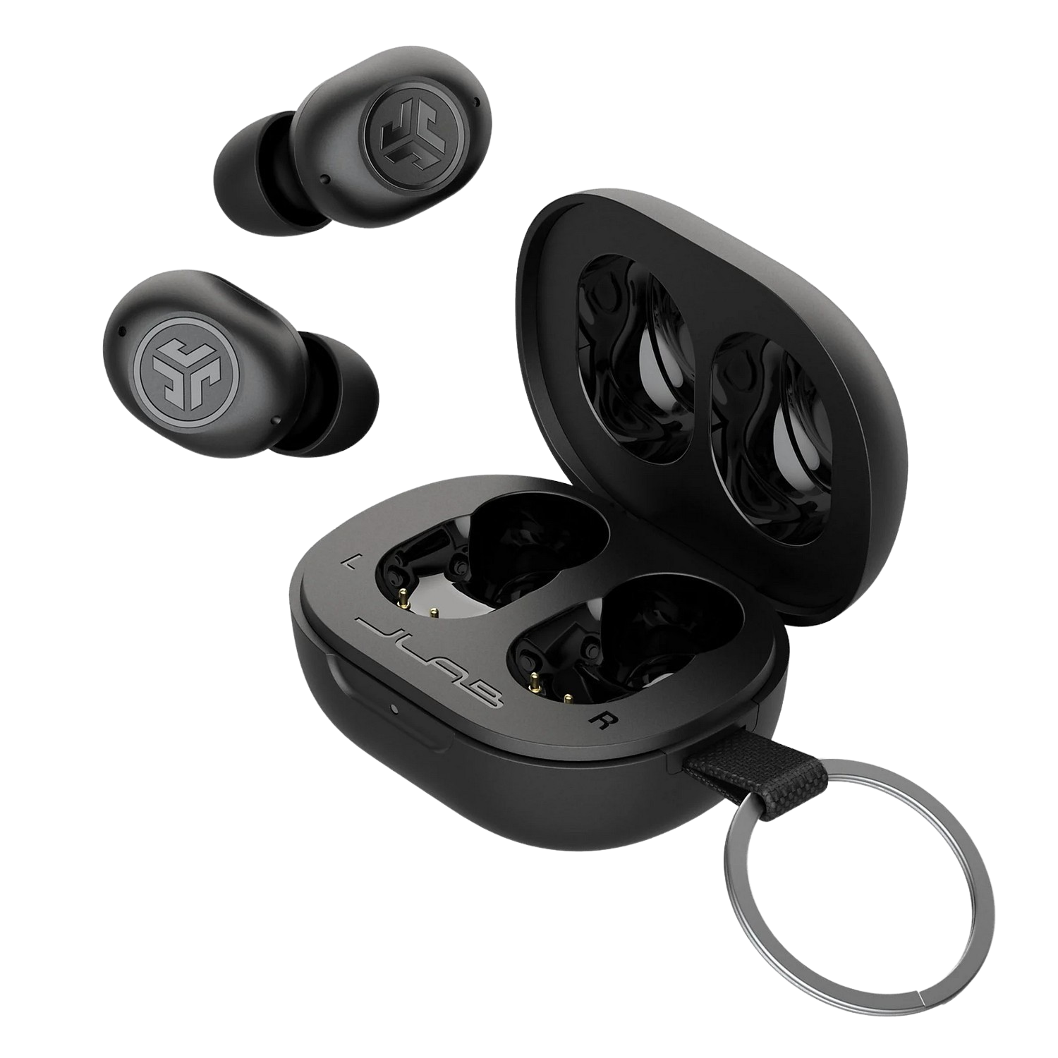 Schwarze kabellose Ohrhörer und Ladecase vor dunklem Hintergrund.