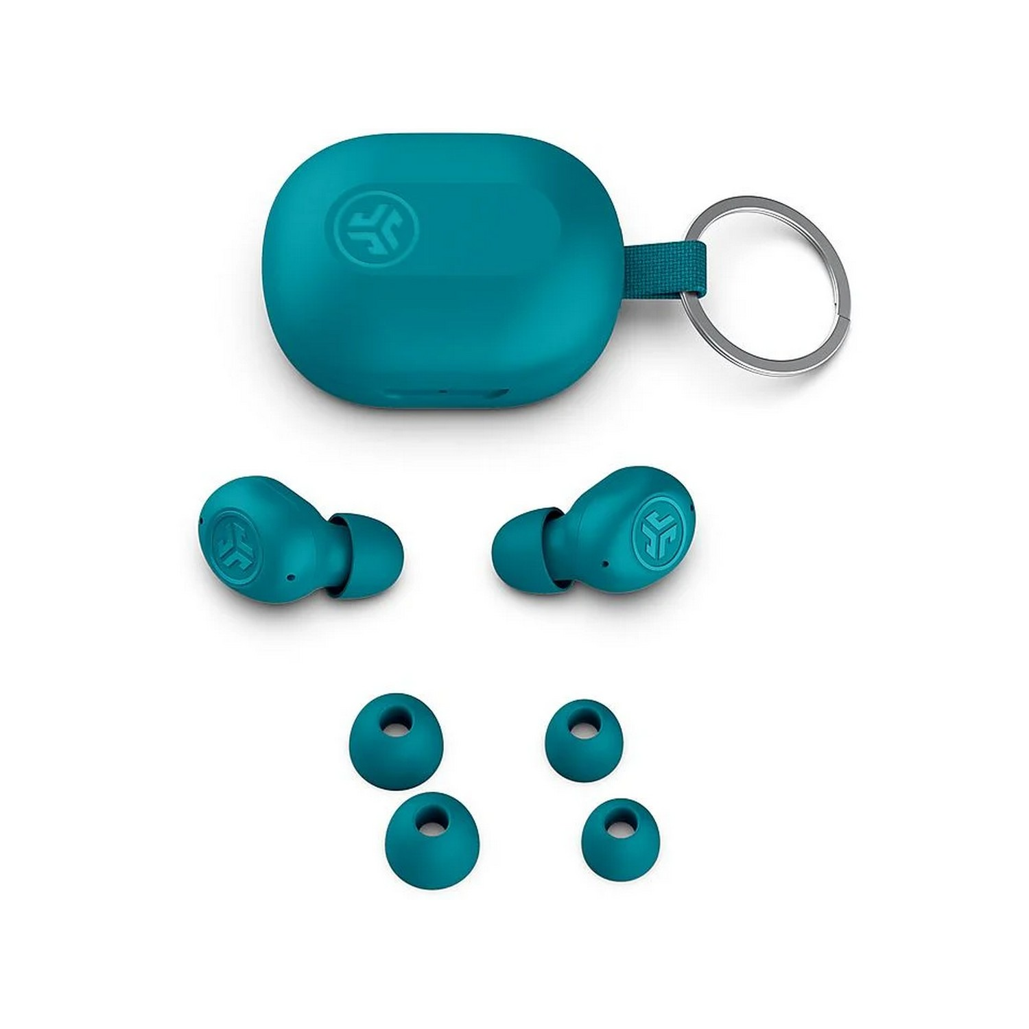 Turquoise draadloze oordopjes, etui en extra oortips op een wit oppervlak.
