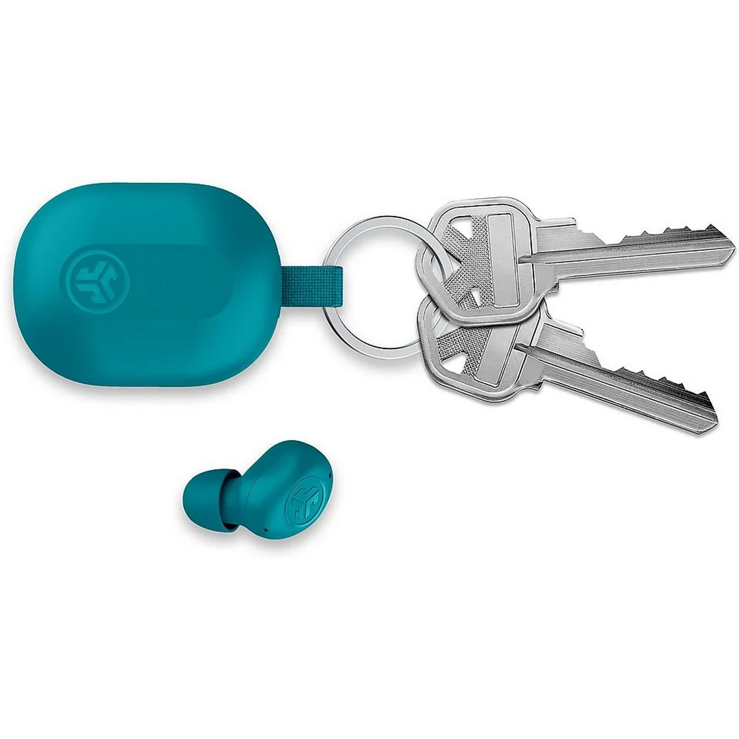 Turquoise oordopjes en oplaadcase, met sleutels aan een sleutelhanger.