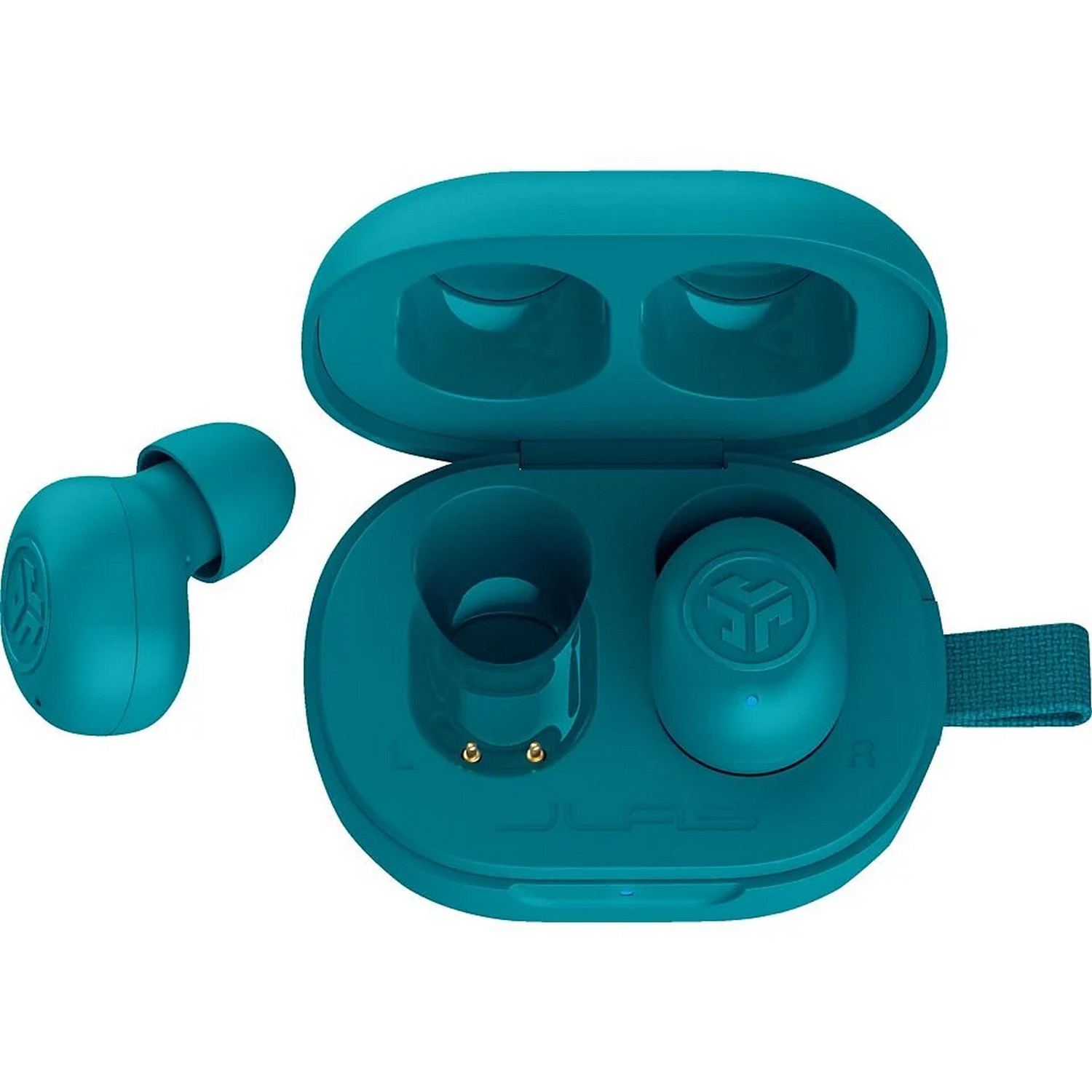 Turquoise oortelefoons in een oplaadcase. De case is open. De achtergrond is wit.